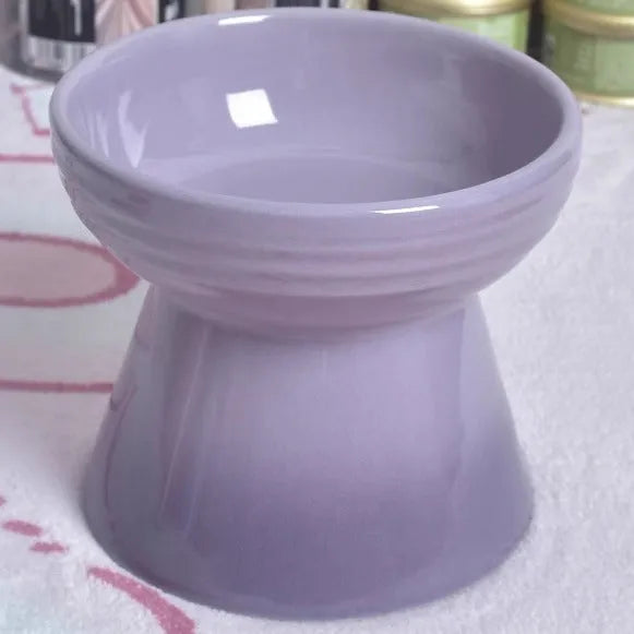 Ceramic anti-tumble pet bowl for dogs and cats with high foot and neck protector.