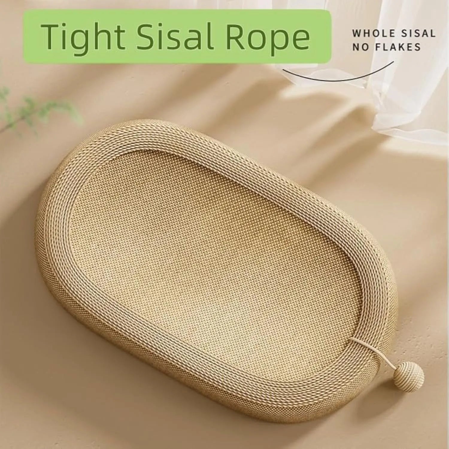 Large natural sisal fibre cat scratching board with a flat lounging bed on top.