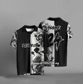 Black loose fit t-shirt with a textured 3D digital print on the front, showing short sleeves.