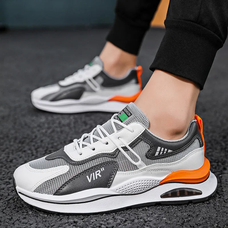 Men's grey mesh running shoes with round toe and lightweight EVA sole