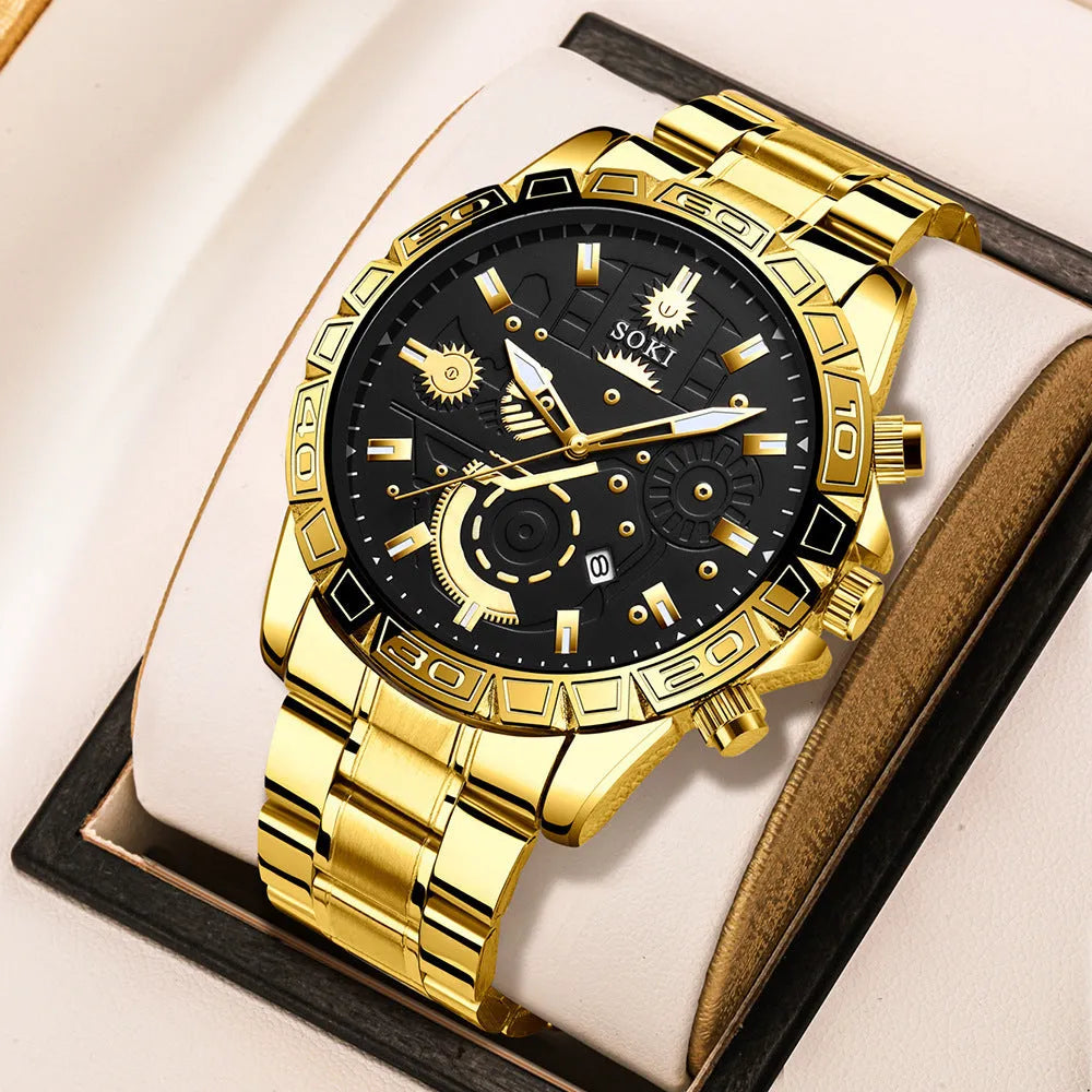 Men's gold stainless steel business quartz watch with calendar function on steel strap