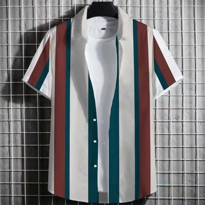 Men's simple striped linen t-shirt with 3D printing, shown in available colours and sizes.