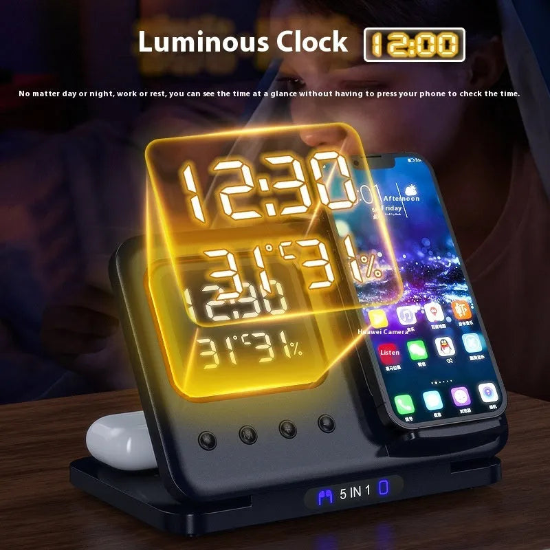 Black 5-in-1 wireless charging dock station showing phone, watch, and earbuds charging next to LED digital clock display.