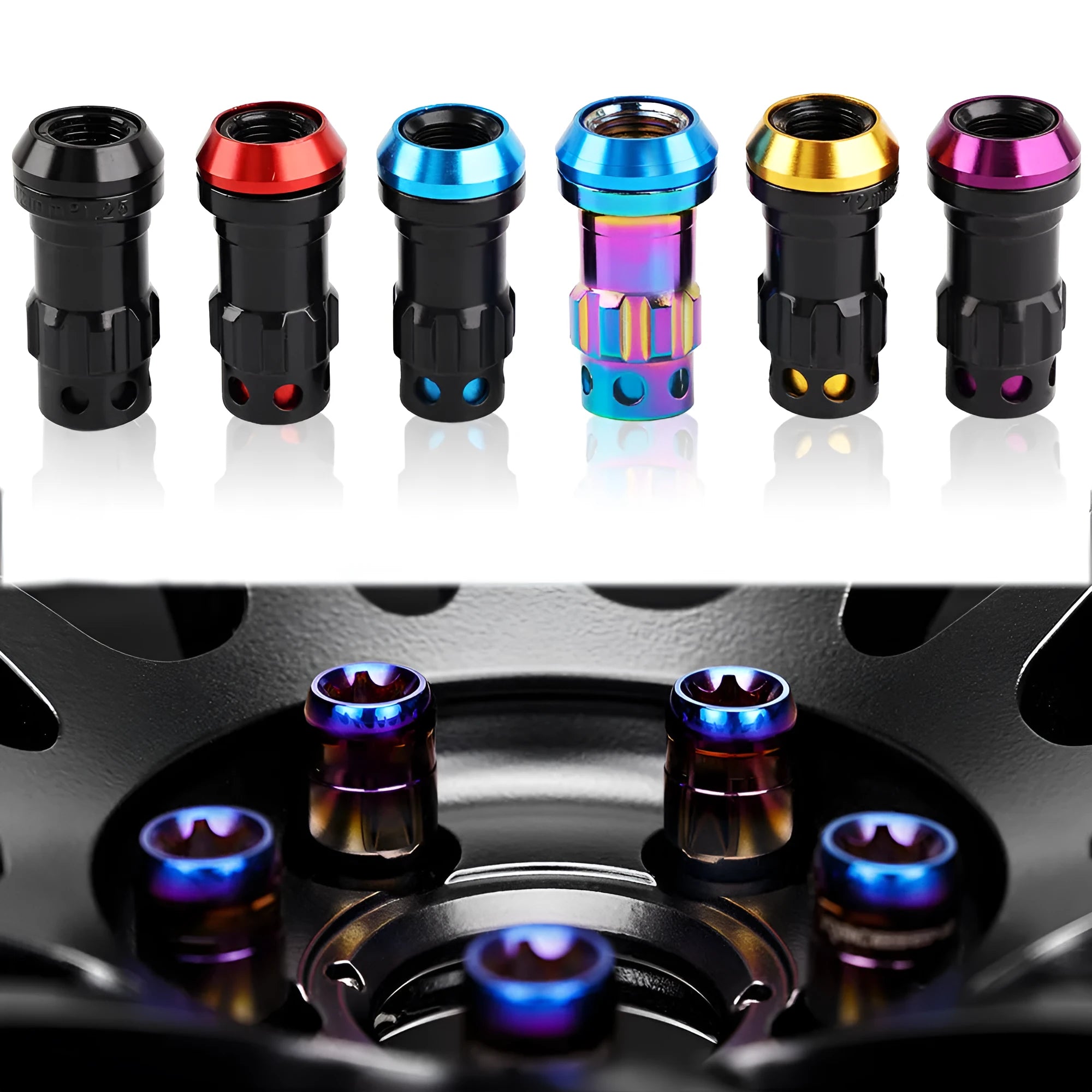 Aluminium alloy forged wheel hub nuts in multiple colours with M12 thread specifications