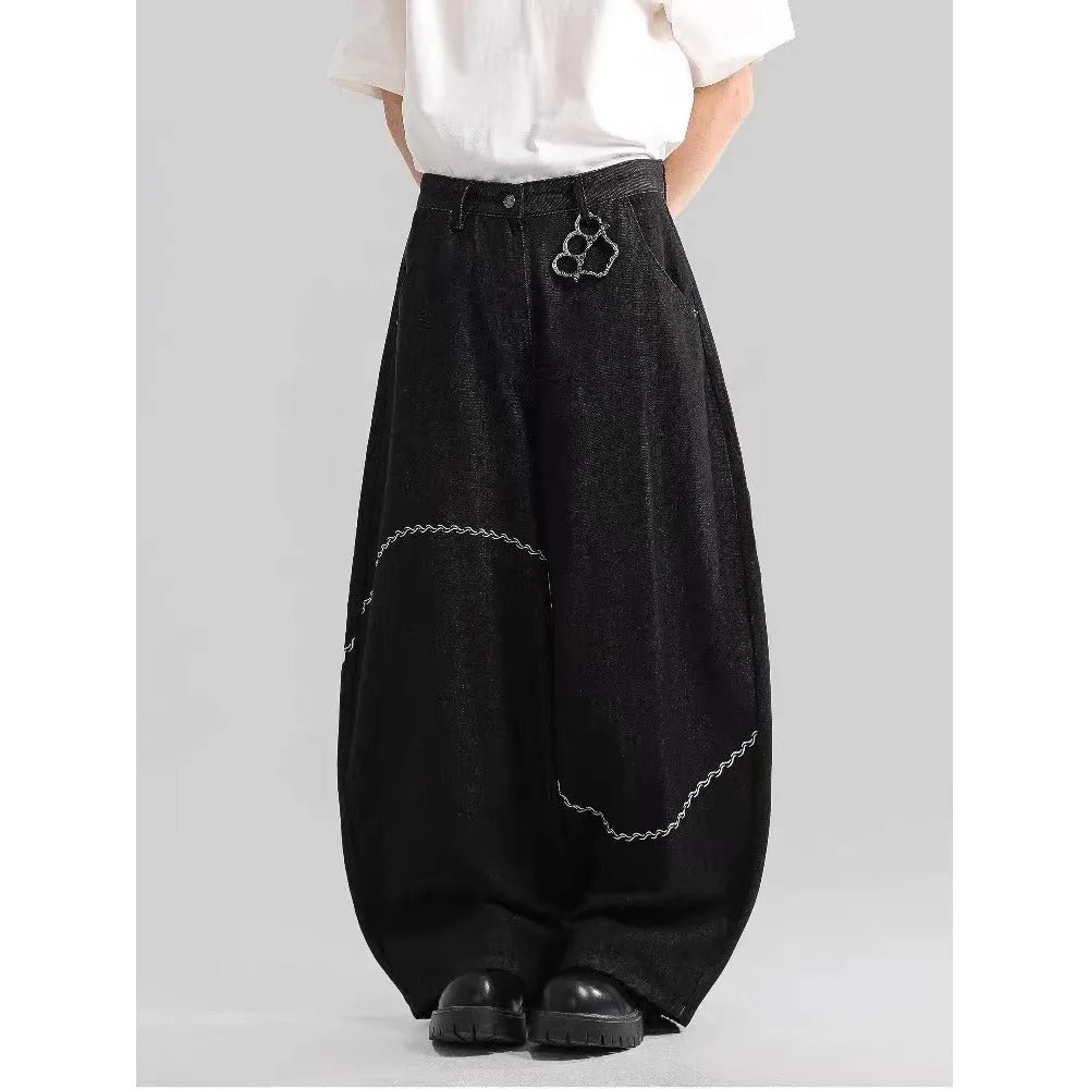 Black straight-leg polyester denim trousers with micro-elastic waist and zip fly placket