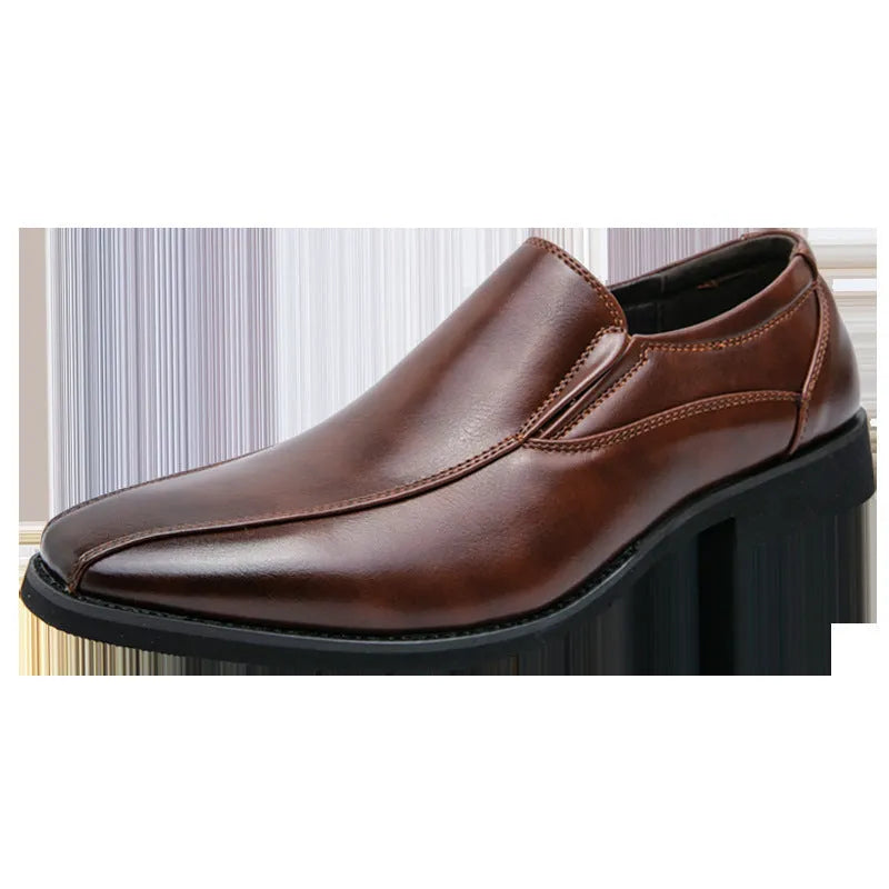 Men's black pointed patent leather shoes with leather lining and flat heel on a neutral background