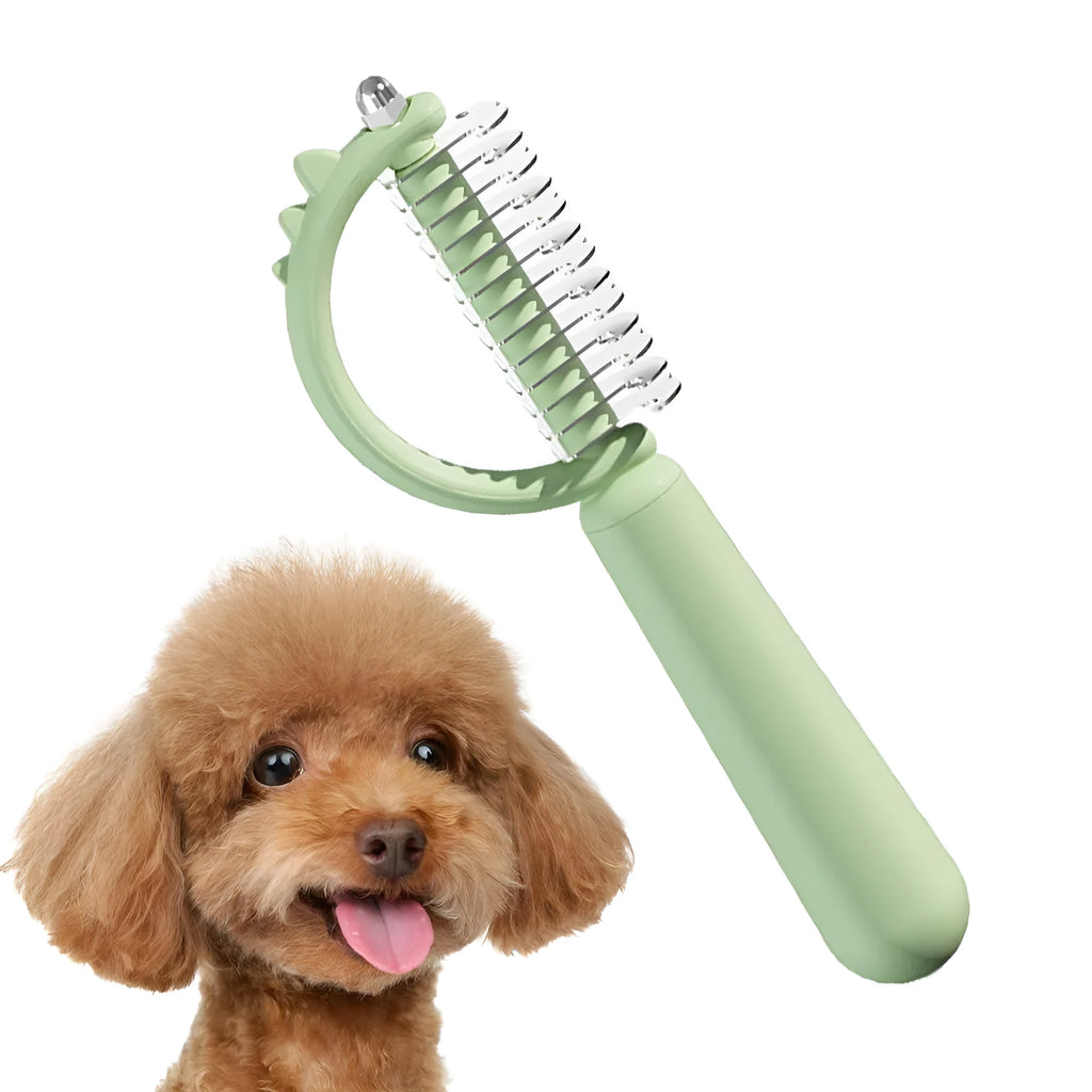 Self-cleaning cat brush with cute dinosaur shape, double-sided stainless steel pins, blue colour option