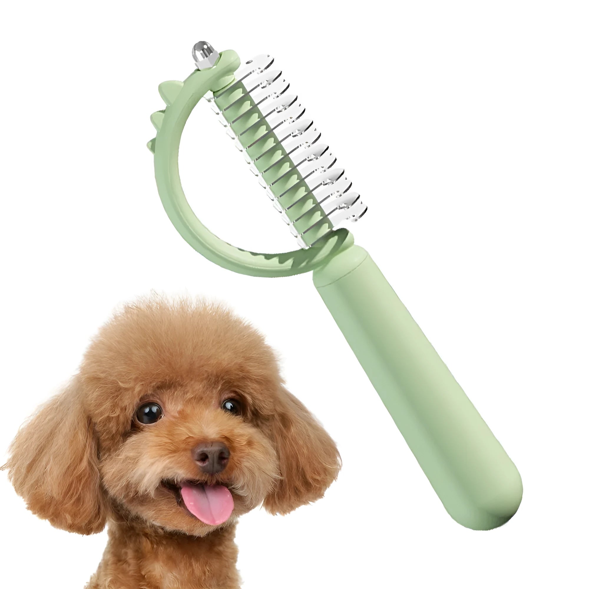 Self-cleaning cat brush with cute dinosaur shape, double-sided stainless steel pins, blue colour option