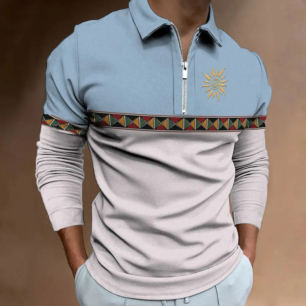 Men's long sleeve polo shirt with retro colour printing and striped pattern on bird eye cloth fabric.