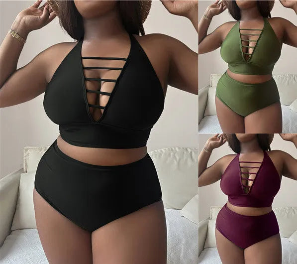 Plus size women's bikini with adjustable halter straps and high waist bottoms in solid colour