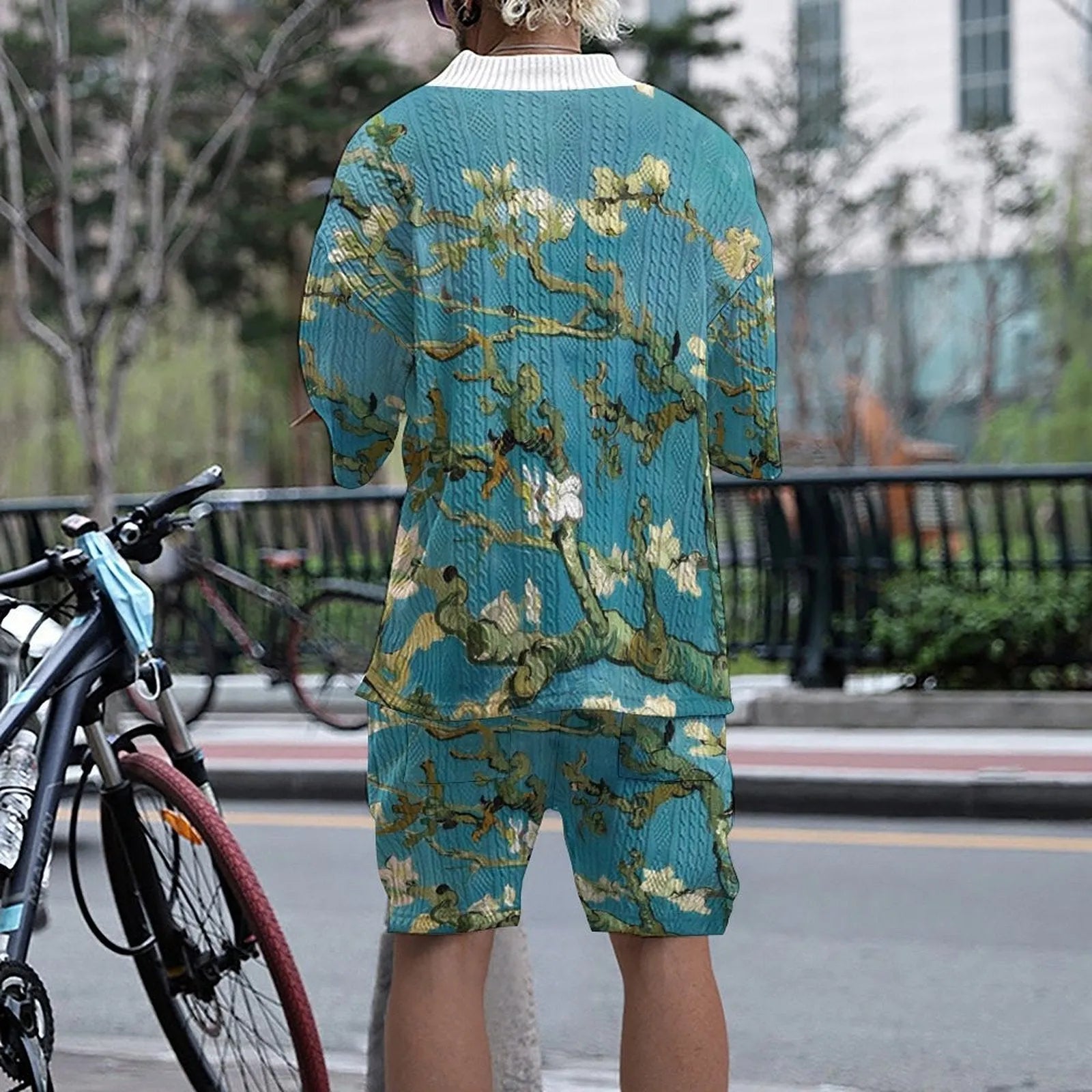 Men's peacock blue 3D printed knitted shorts and T-shirt casual suit set for leisure wear