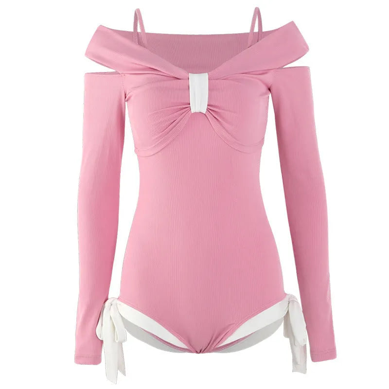 Women's long sleeve one-piece swimsuit in polyester fabric, pink and black colour options