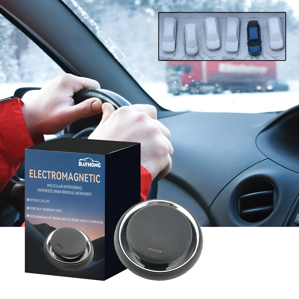 Black portable car deicing instrument 7.4 cm by 7.4 cm on a flat surface