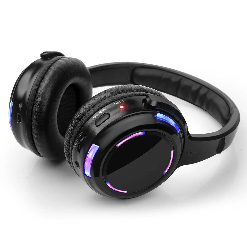 Black over-ear silent disco headphones with 3 metre cable and rechargeable battery for wireless party events
