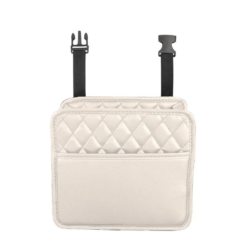 Leather car hanging storage bag measuring 25cm with black, pink, green, and white colour options