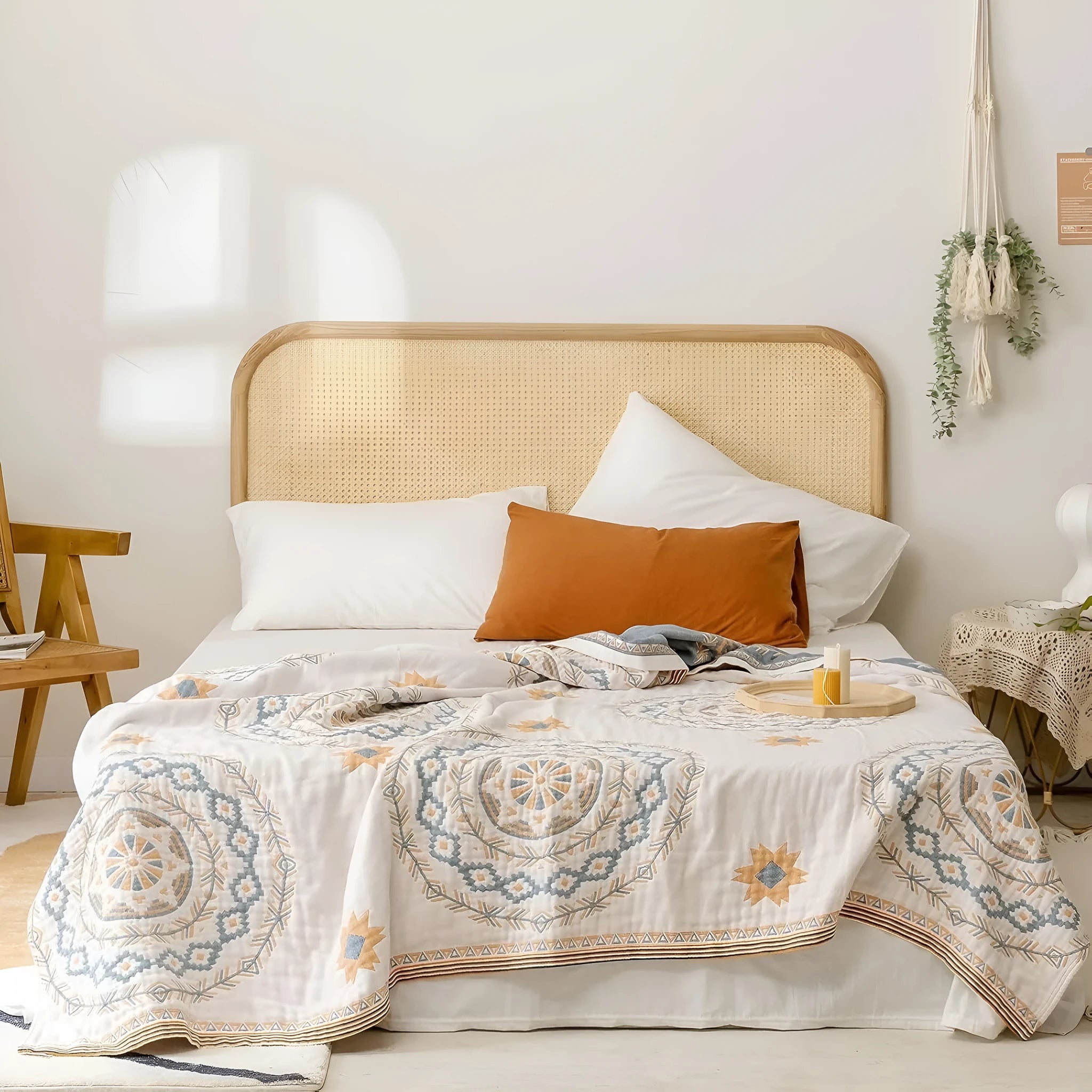 Simple geometric patterned cotton towel blanket laid flat, showing its modern design and texture.