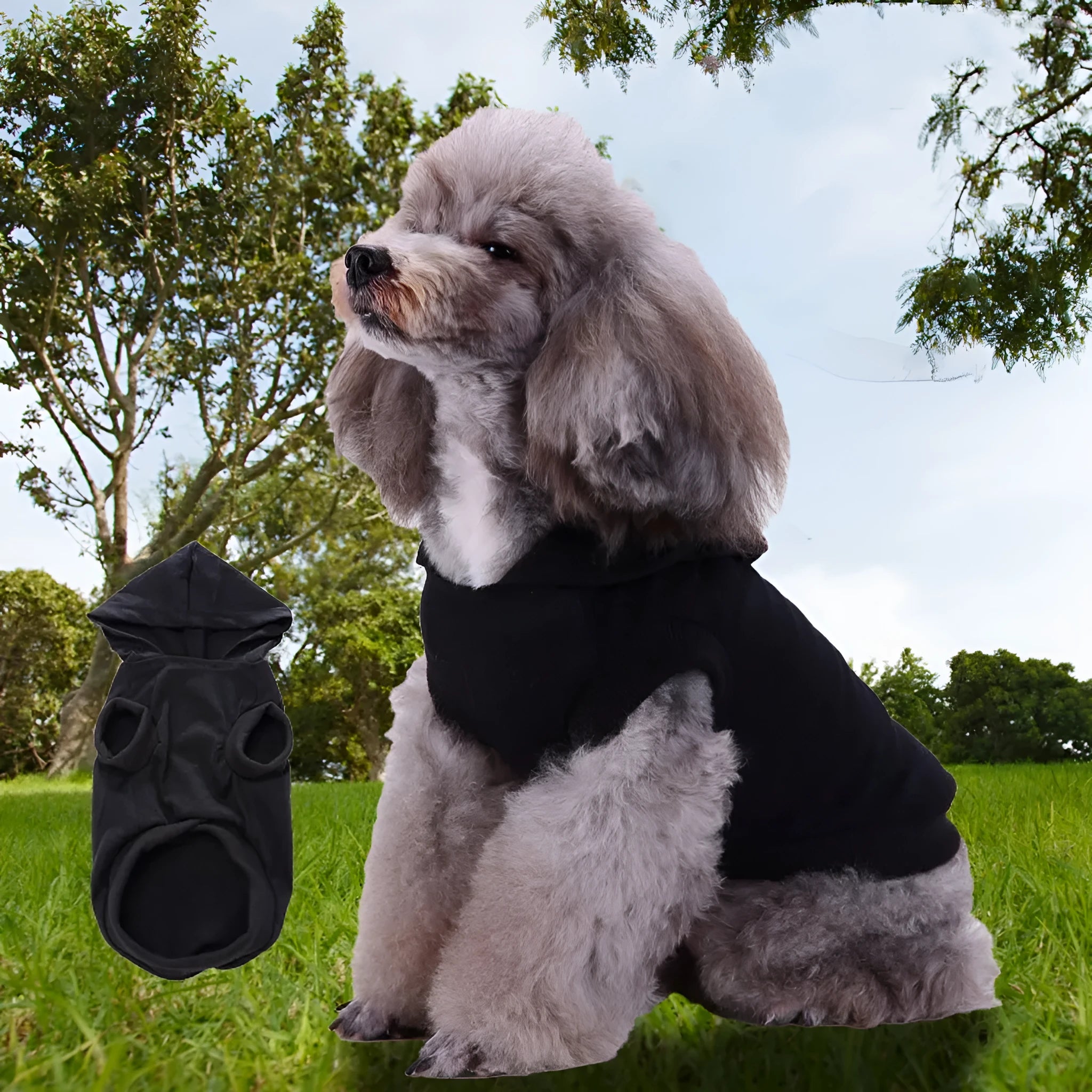 Small dog wearing black cotton hooded T-shirt pullover pet clothing