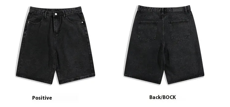 Men's light blue denim shorts with five pockets and a straight leg, shown on a hanger