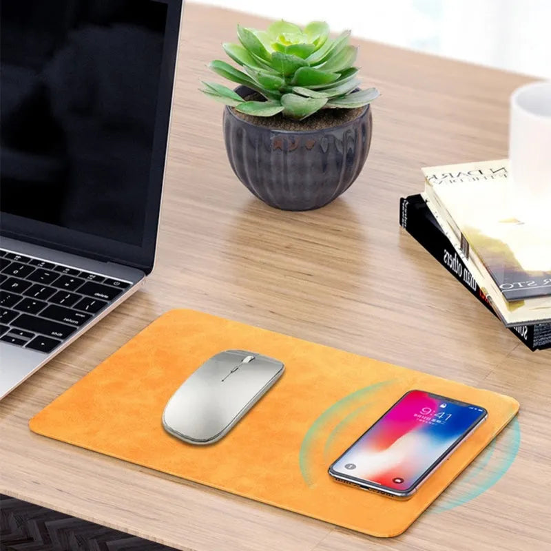 Brown leather wireless charging mouse pad with Qi fast charge capability