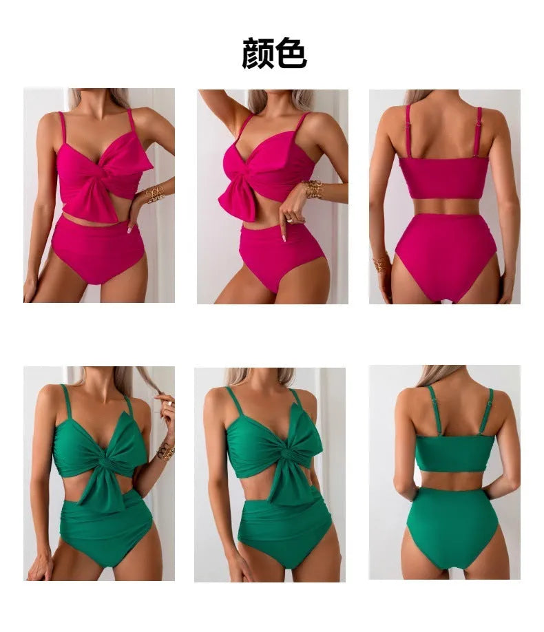 Women's big bow bikini print swim trunks set in nylon fabric, two-piece swimsuit with bow detail