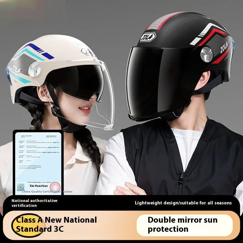 Children's light brown ABS motorcycle half helmet with a double mirror sun visor displayed on a white background.