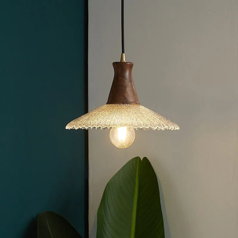 Retro wood and glass ceiling chandelier with brass finish for restaurant lighting