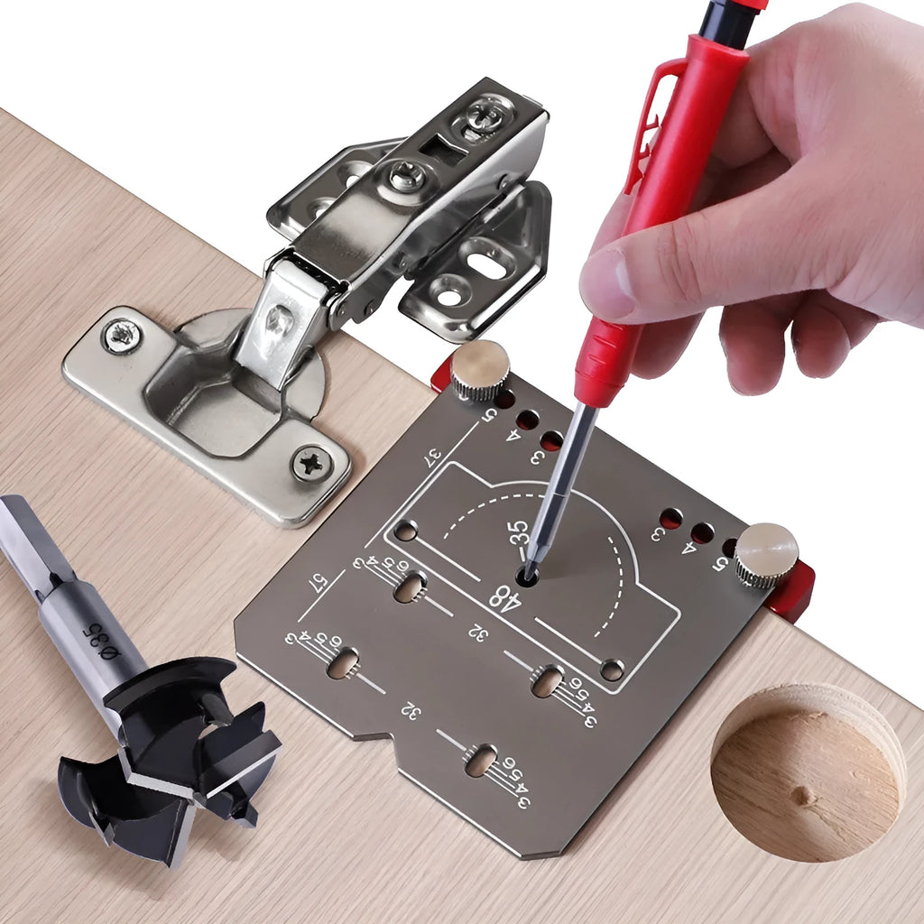 Aluminium hinge locating rule tool for 35mm cabinet hinges with adjustable margin settings and a tapper blade.