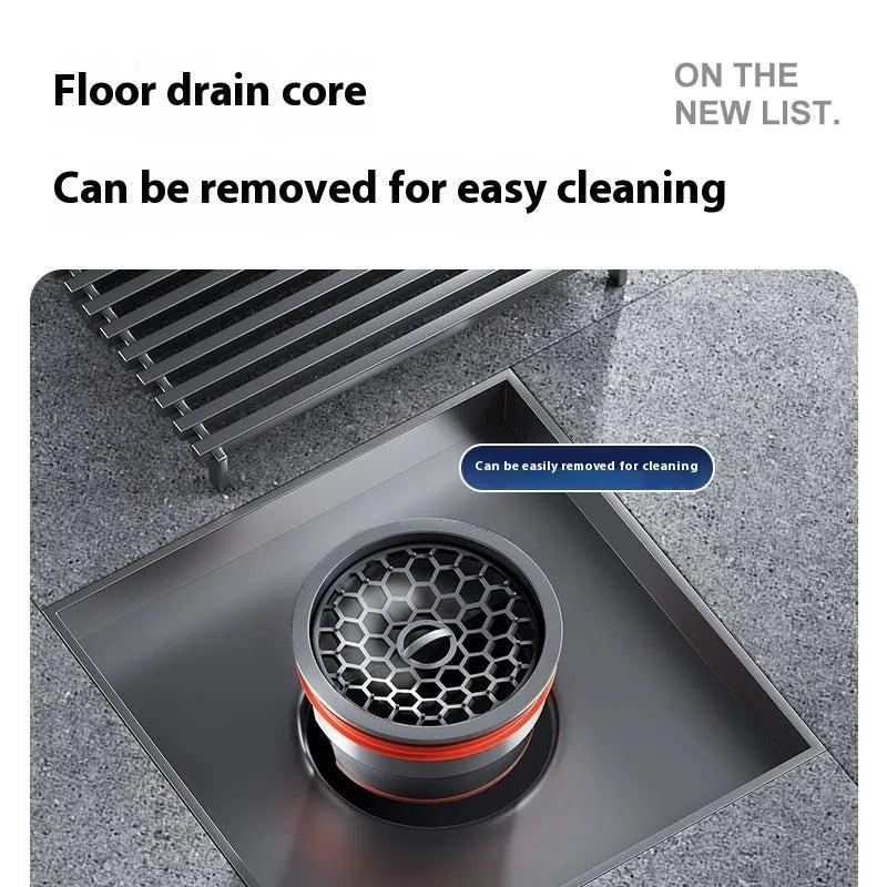 Gun grey 304 stainless steel courtyard deodorant floor drain with 15x15cm dimensions.