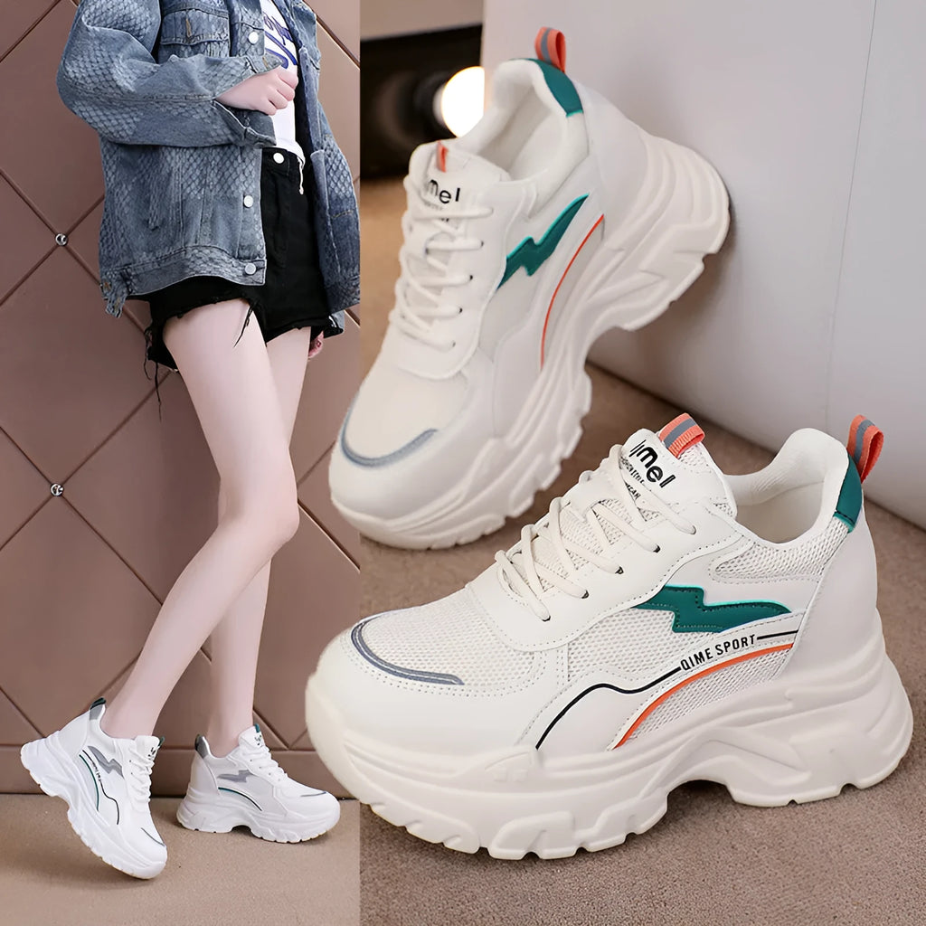 Women's white breathable dad shoes with cross straps and a height-increasing insole, shown with laces.
