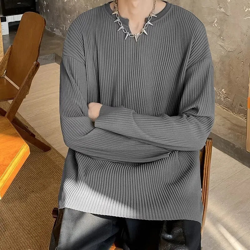 Plus size striped texture draping solid colour pullover in black, long sleeves, loose fit, front view