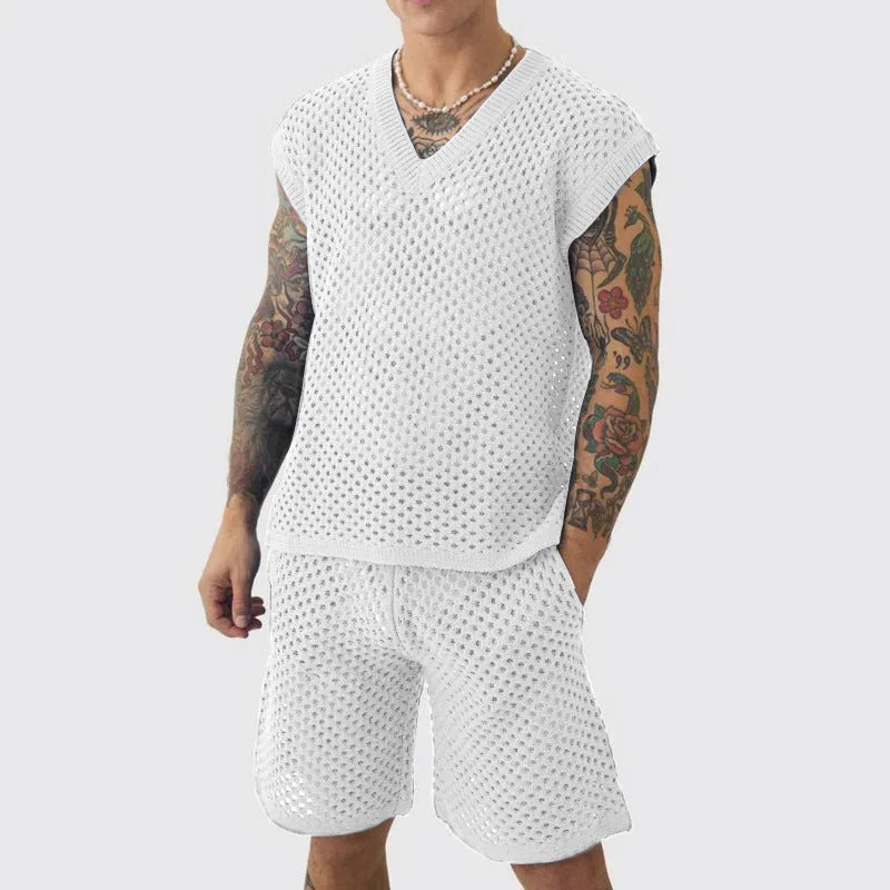 Men's blue V-neck sleeveless vest with matching sports shorts on a hanger