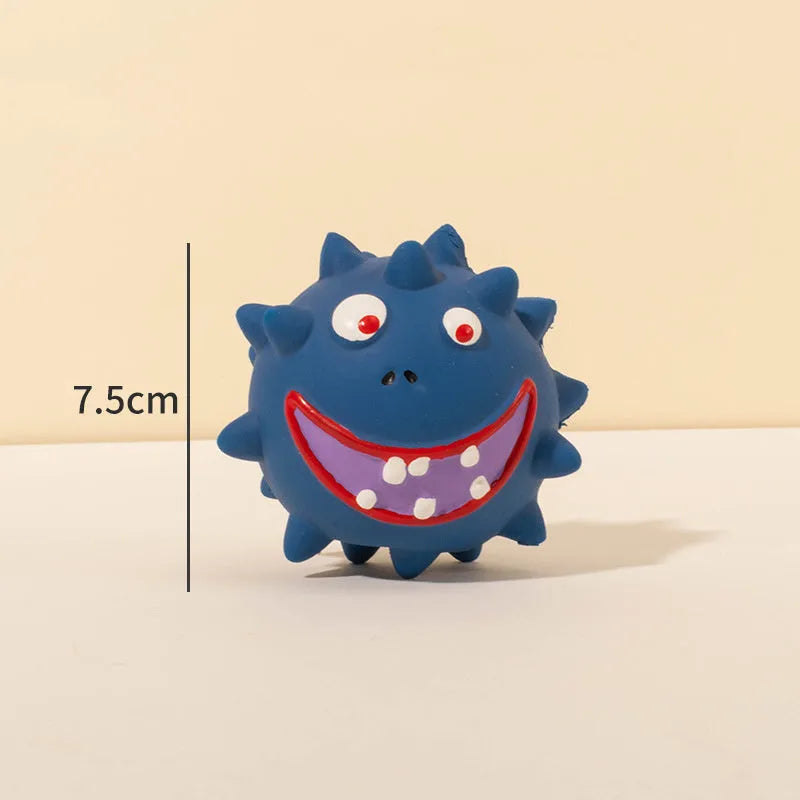 Set of four colourful natural latex squeaky dog balls with cute faces on a blue, green, red, and yellow background