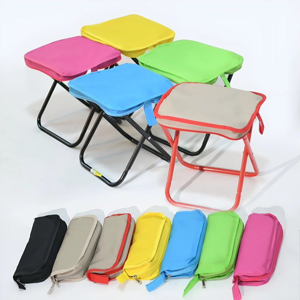 Foldable Oxford cloth camp stool shown in khaki colour with pencil box design for outdoor seating