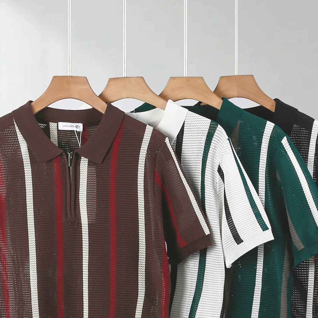 Hollow mesh short-sleeved knitting polo shirt in ice silk fabric with zipper detail, loose fit, summer casual wear