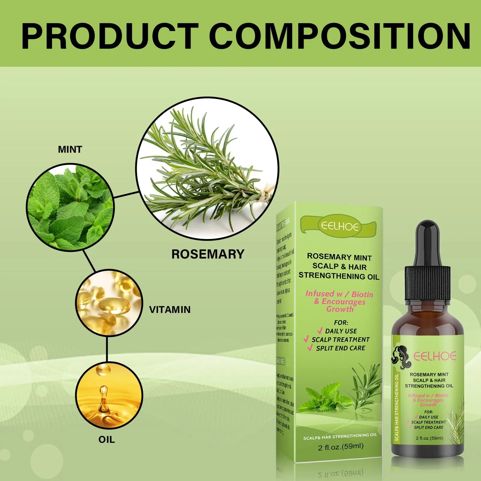 59ml rosemary mint hair growth oil bottle measuring 11.5cm with natural plant extract formula