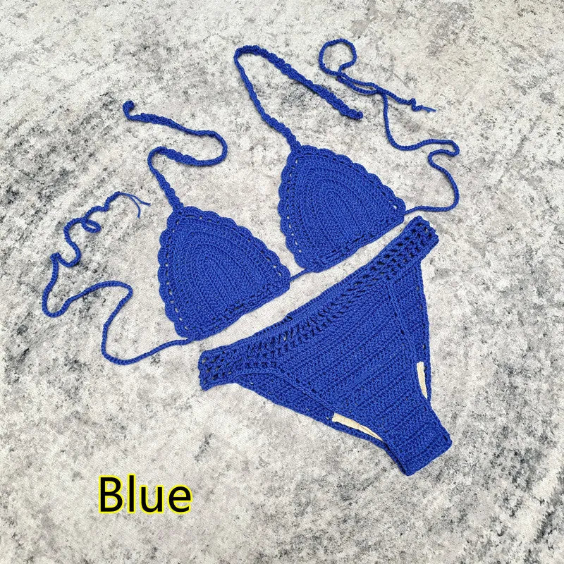 Women's 3-piece handmade crochet bikini beach skirt swimsuit set in solid colours
