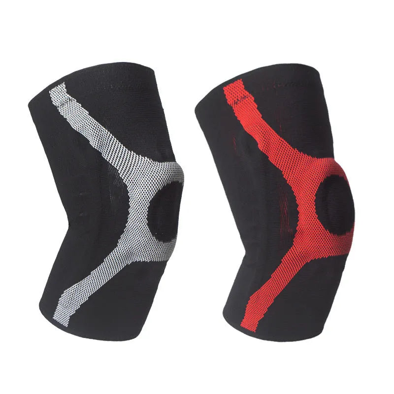 Red and grey silicone sports knee pads for running and climbing in four sizes