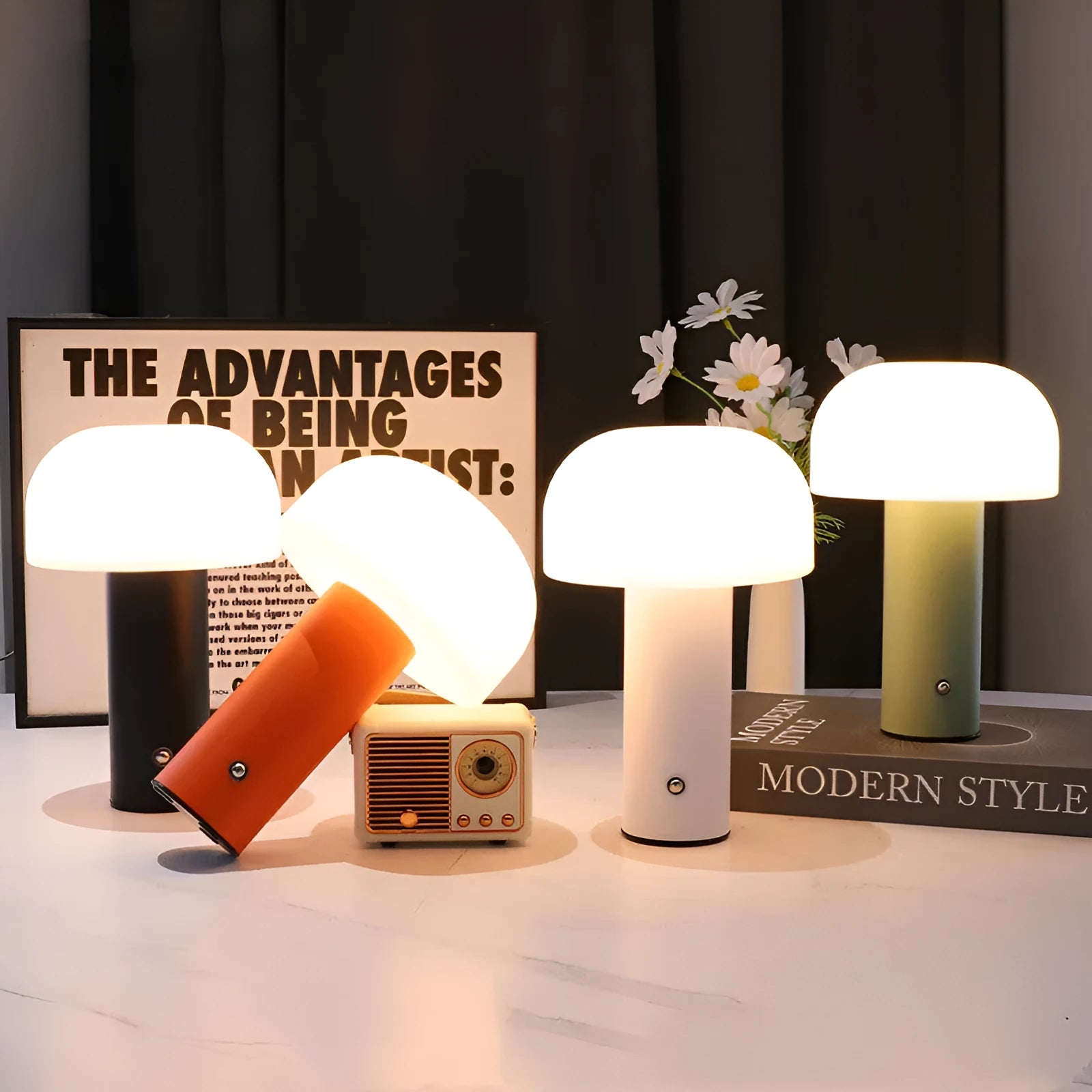 USB-powered dual-purpose table lamp in black, green, orange, or white colour with charging function
