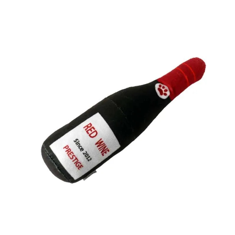 Plush wine bottle dog toy in multiple colour options including green, orange and red