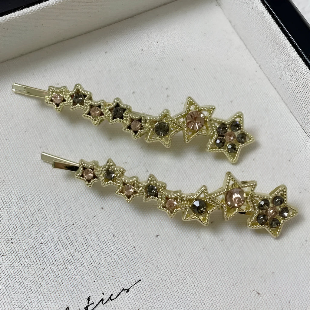 Gold alloy rhinestone barrette clip with five-pointed star and single word design for side bangs
