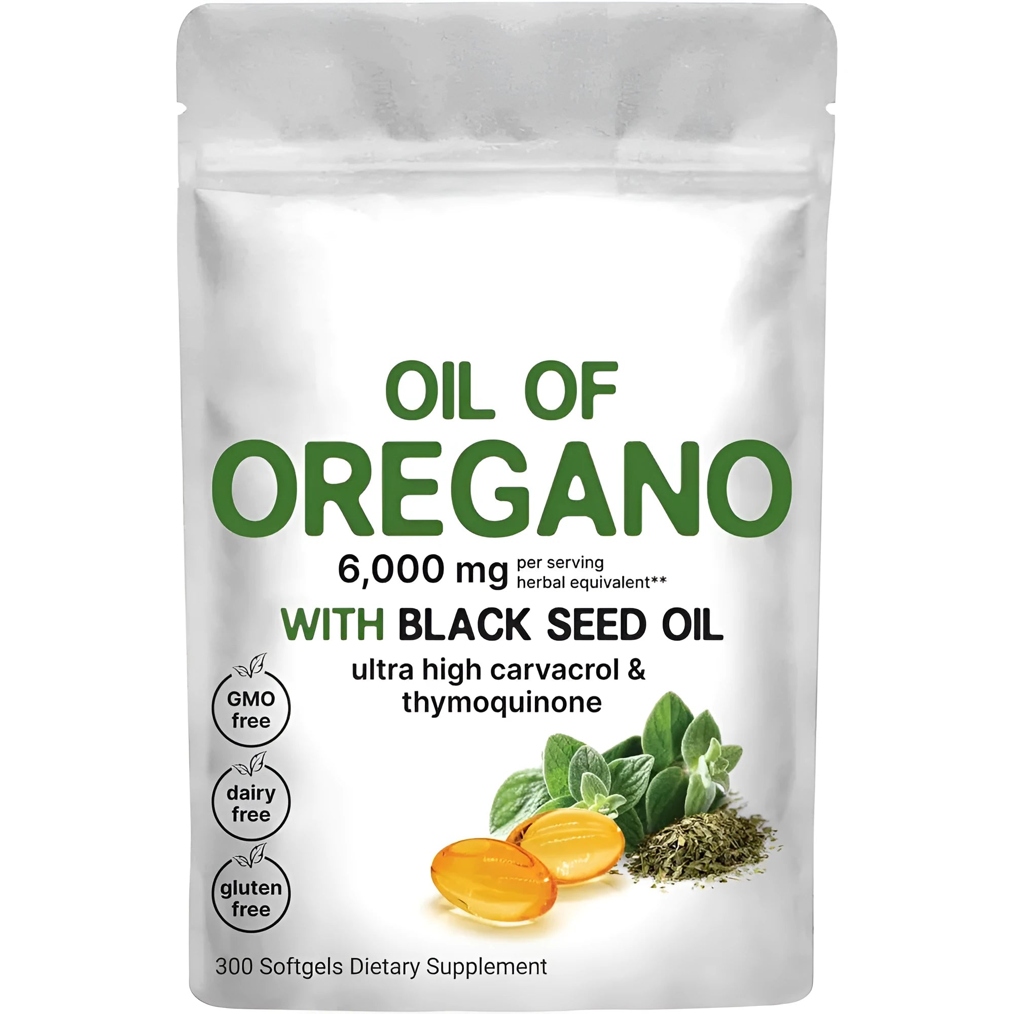 Bottle of black seed oil softgel capsules with a choice of 180 or 300 tablet counts.