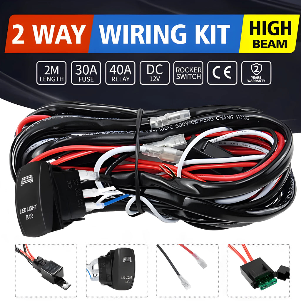 Off road LED spotlight cable set black 2 metre wiring harness with switch for light bar