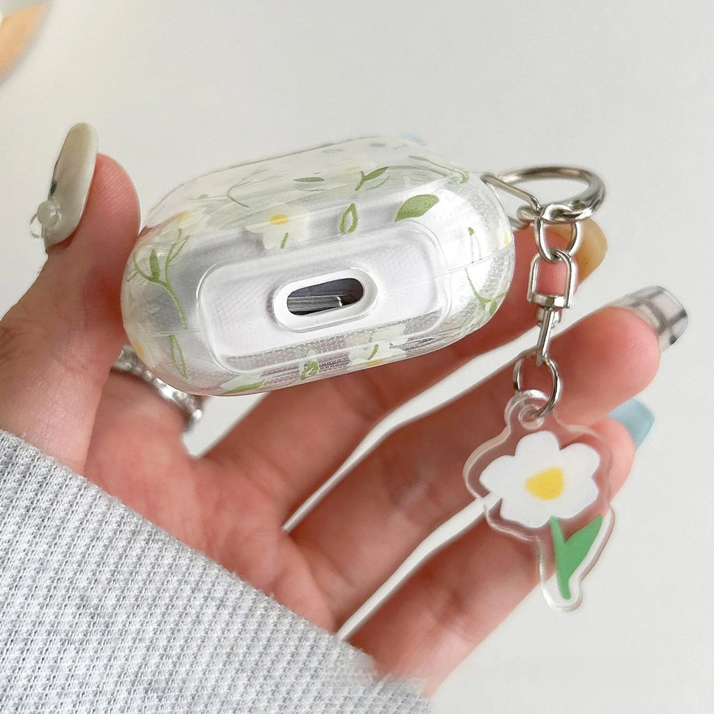 White floral pattern on clear TPU protective case for Apple AirPods