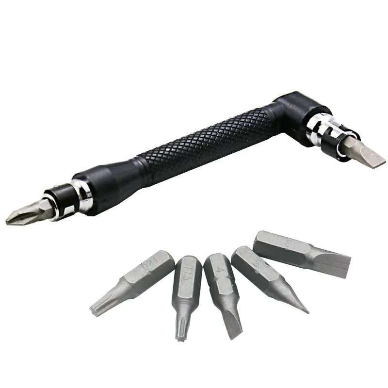 L-shaped double-headed socket wrench handle with set of ten steel drill bits and ten matching socket wrenches.