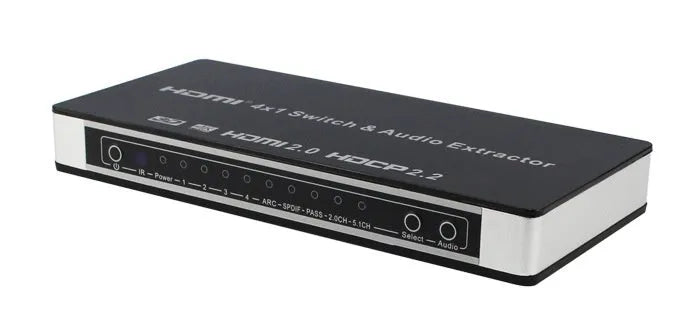 Black HDMI audio switch with remote control and 10-metre cable for 4-in-1 video switching