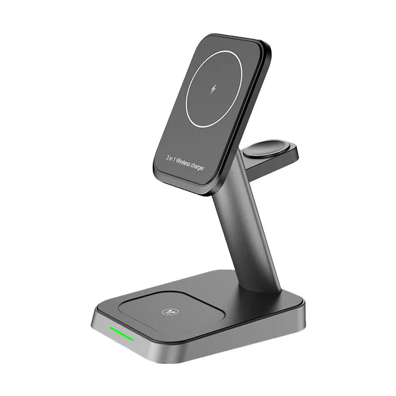Black cube-shaped wireless charging station with 10000mAh battery charging a phone, smartwatch and earbuds
