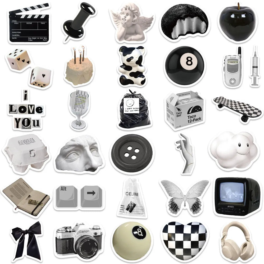 61 black and white waterproof PVC stickers for laptops and phones on a sheet.