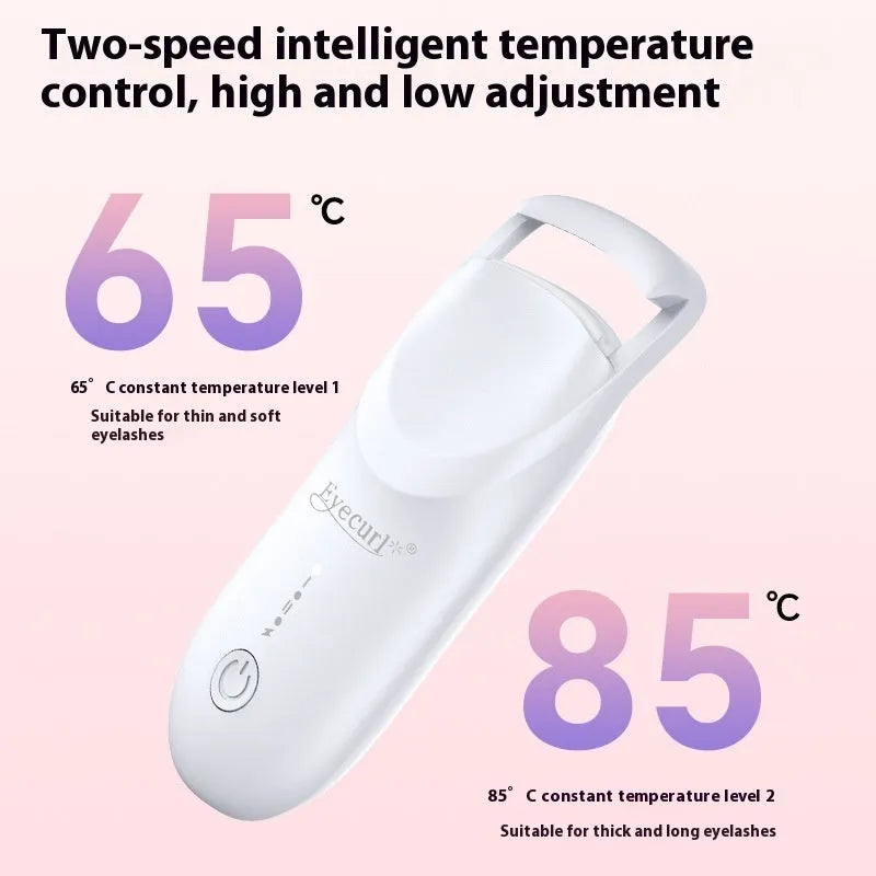 Electric eyelash curler with USB charging cable in cream white colour showing curling mechanism