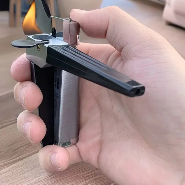 Foldable pipe lighter in No.1 silver square cover with metal flap closed, 9.2cm length, zinc alloy body