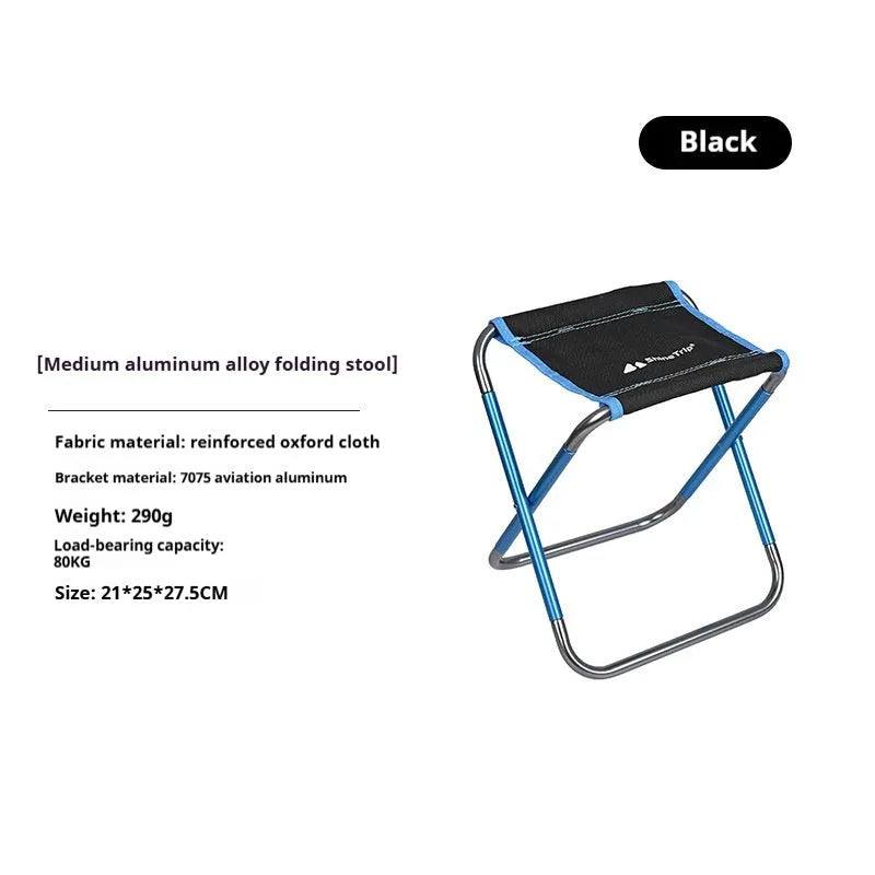 Black aluminium alloy folding stool with ethnic style pattern, shown in folded and unfolded positions